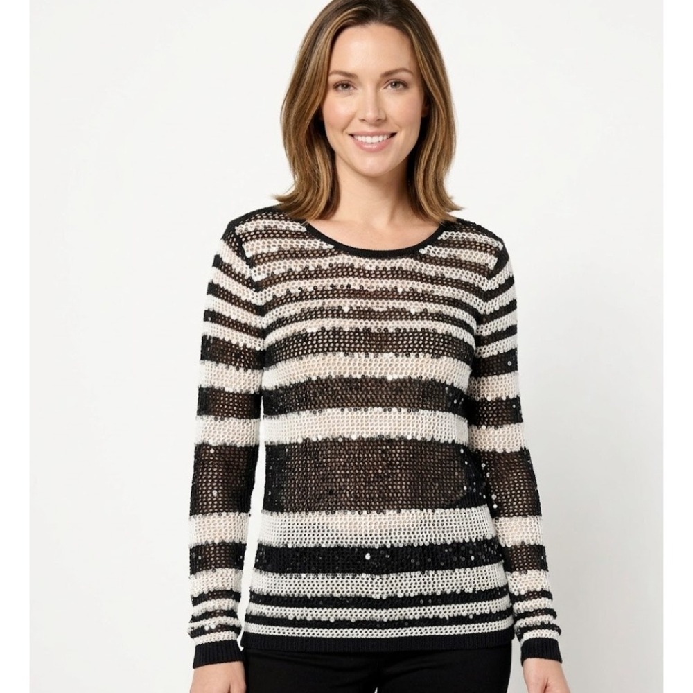 New Chico's Large/2 Sequin Stripe‎ Navy White Open Knit Crochet  Sweater Boho